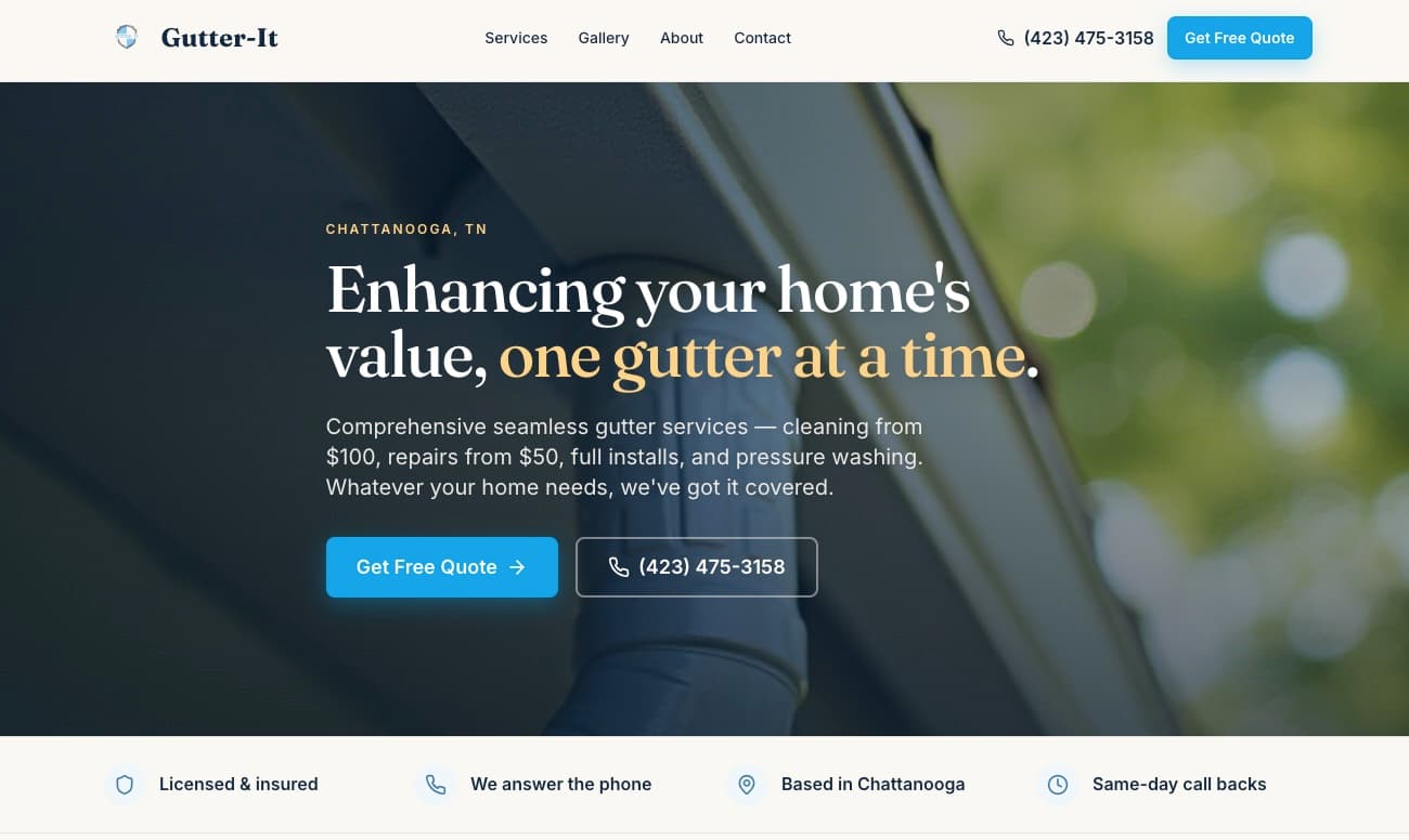 The new custom Gutter-It homepage hero — brand-matched navy and sky-blue palette, a clear headline, trust signals, and a call-to-action button.