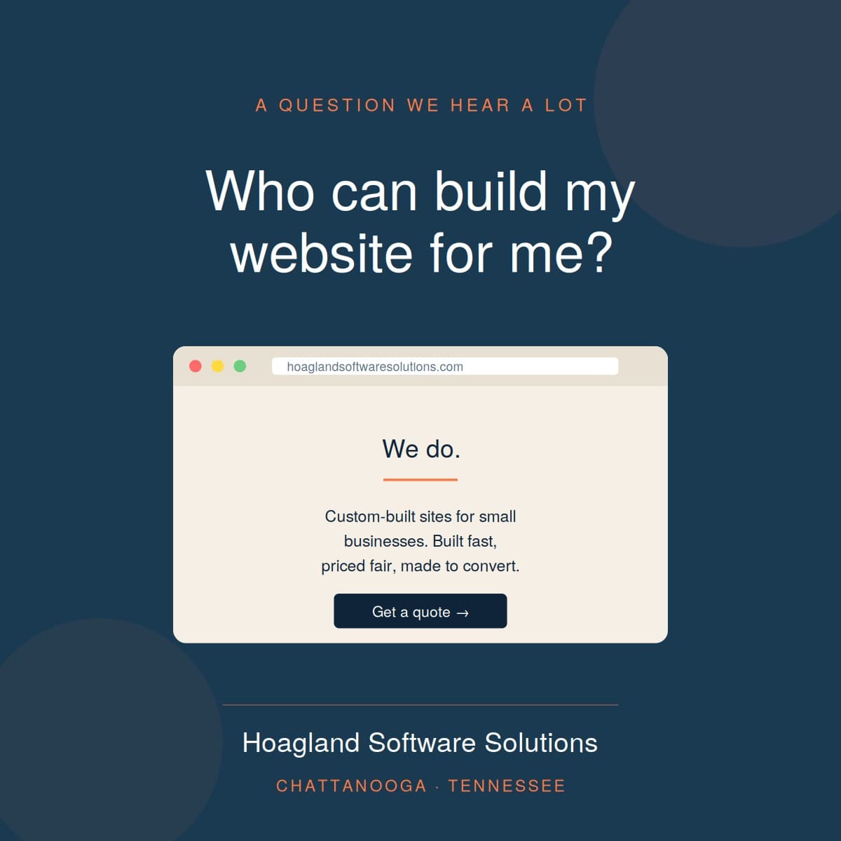 Navy-blue graphic asking 'Who can build my website for me?' above a browser window showing hoaglandsoftwaresolutions.com with the answer 'We do. Custom-built sites for small businesses. Built fast, priced fair, made to convert.' and a Hoagland Software Solutions Chattanooga, Tennessee footer.