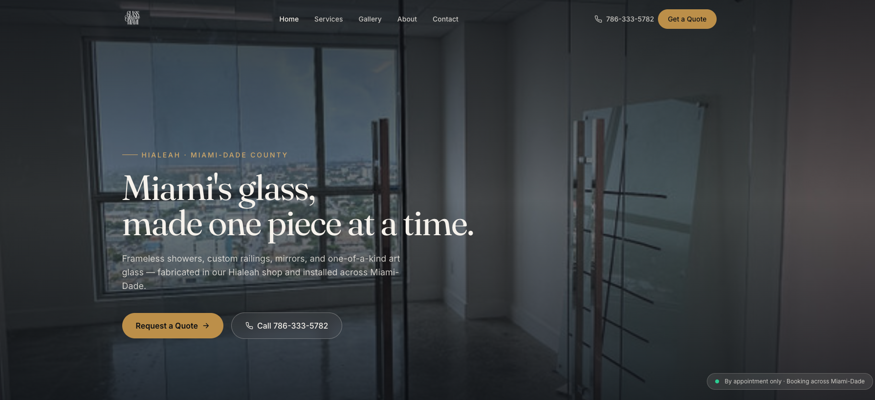 The new Glass Source Miami homepage — a clean, modern design that highlights custom glass for doors, offices, and specialty installations with a clear path to request a quote.