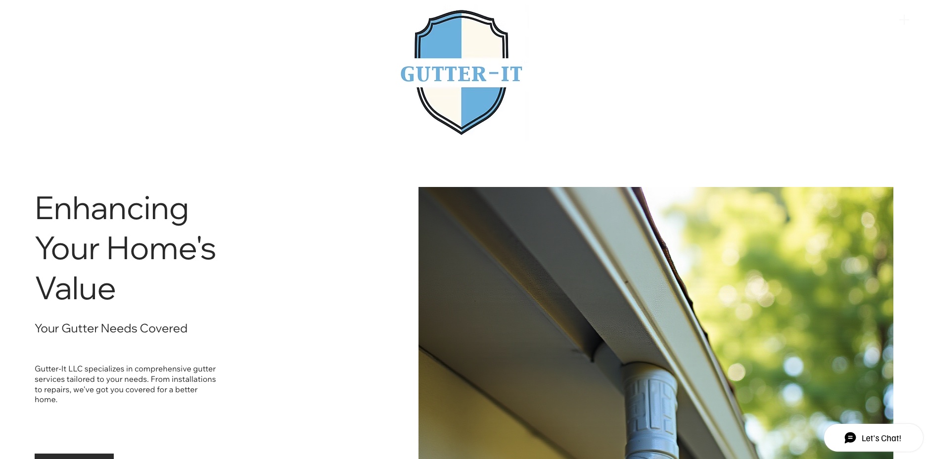 The old Wix homepage for Gutter-It — a centered shield logo and a generic "Enhancing Your Home's Value" block, with no trust signals or call-to-action above the fold.