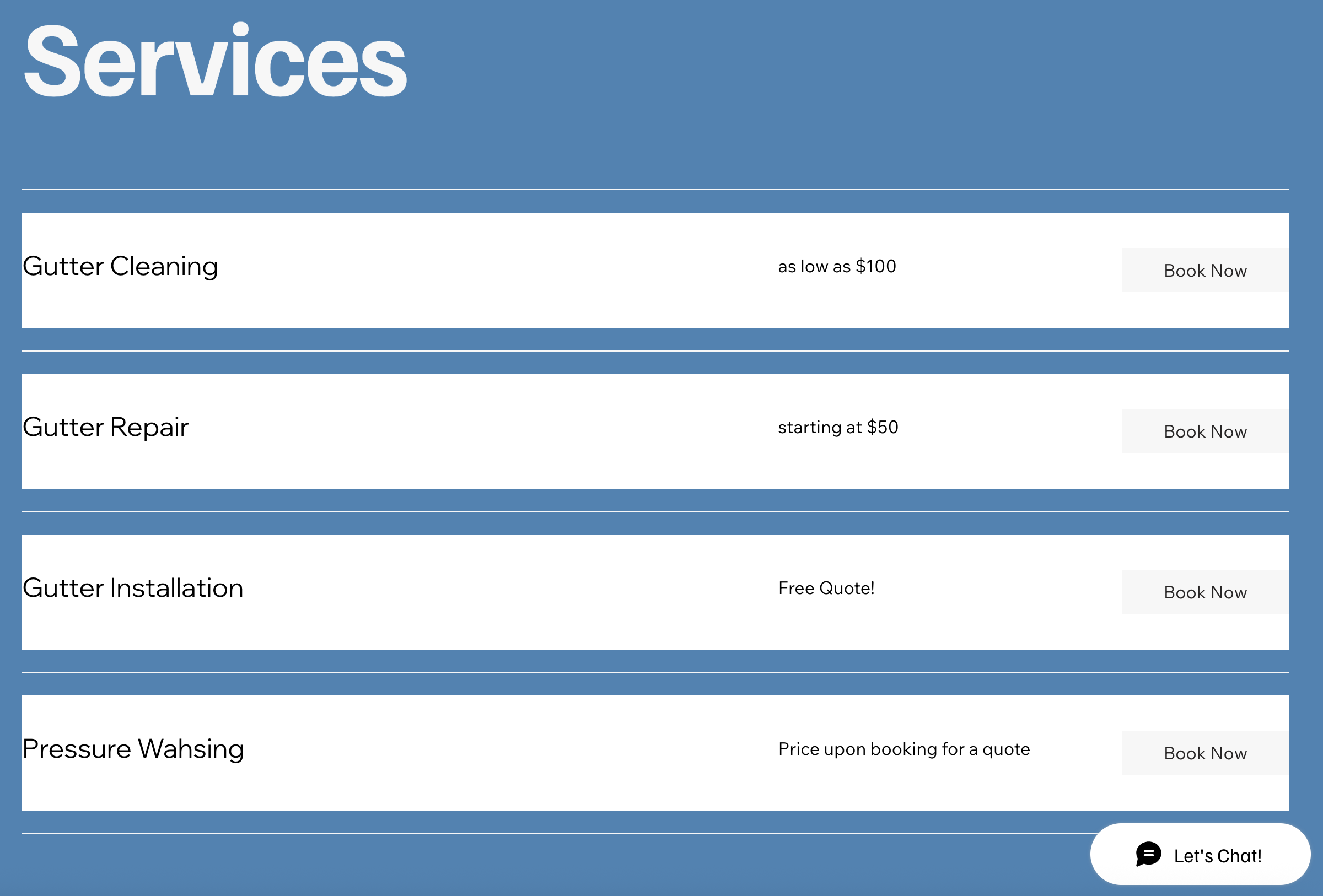 The old Wix services page for Gutter-It — a flat blue price list of four services with a typo on "Pressure Wahsing."